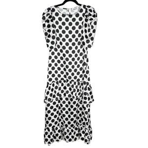 Blume Studio Maternity US 6 White Black Polka Dot Satin Tiered Ruffle Maxi Dress